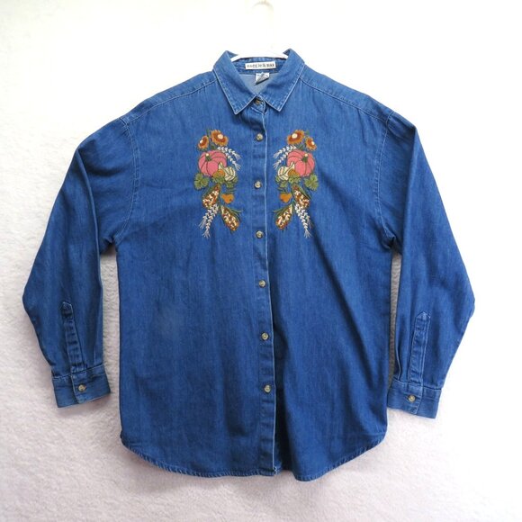 Maggie Max Shirt Womens Size Medium Embroidered Fall Floral Denim Blouse Vintage - Picture 1 of 8
